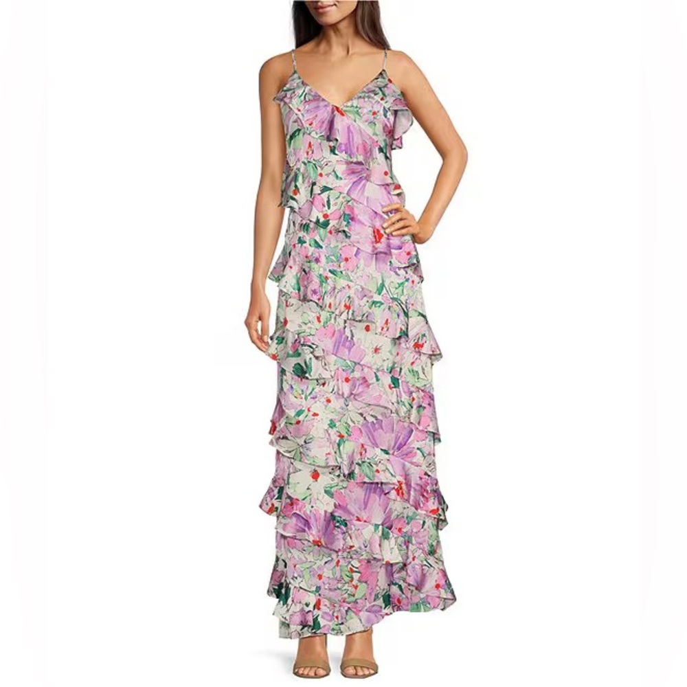 NWT Belle by Badgley Mischka Maren Satin Chiffon Floral Dress Size 6